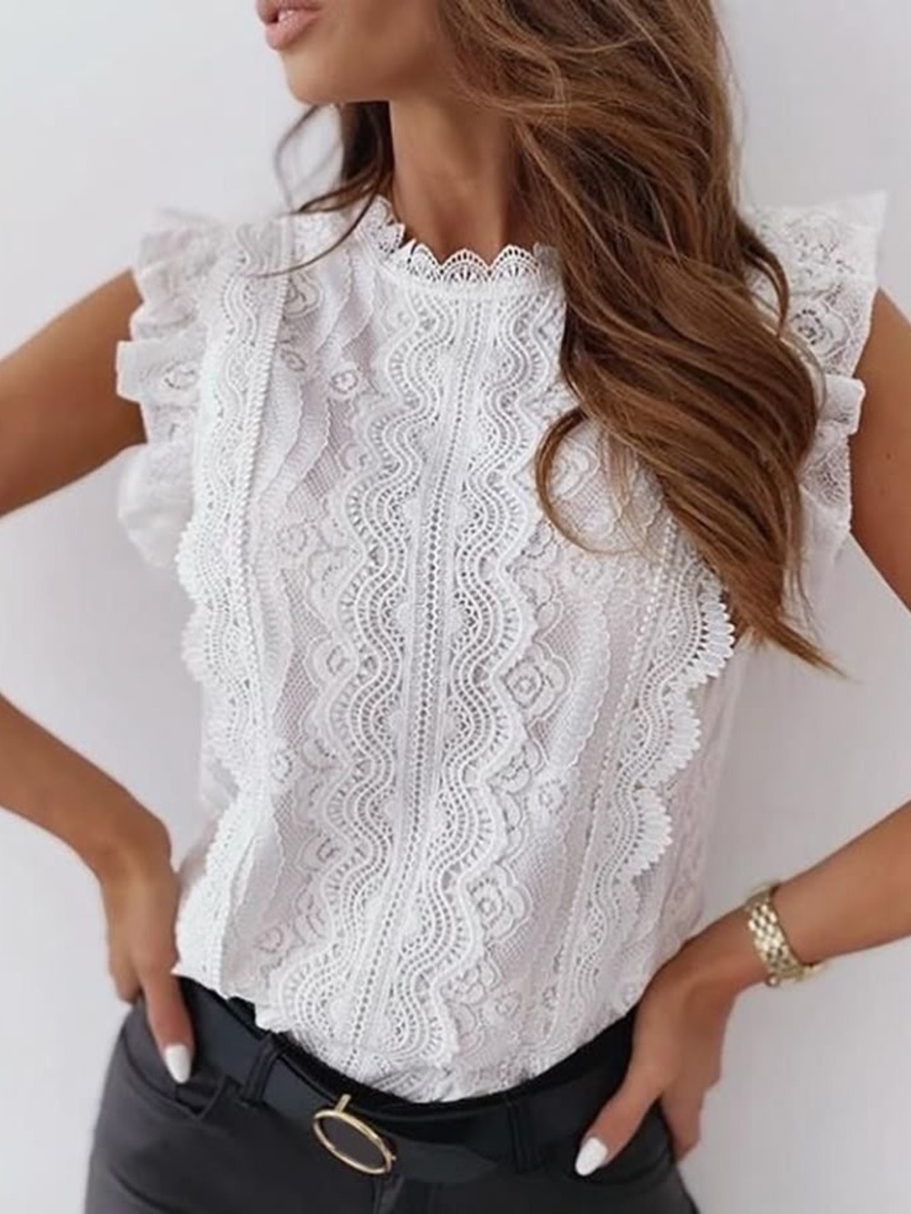 Feminine White Lace Flutter Sleeve Women's Top Size Small